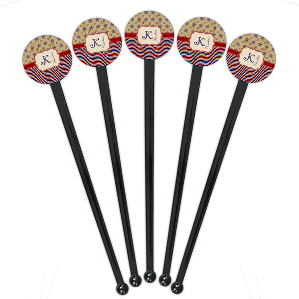 Vintage Stars & Stripes Black Plastic 7" Stir Stick - Round - Fan View