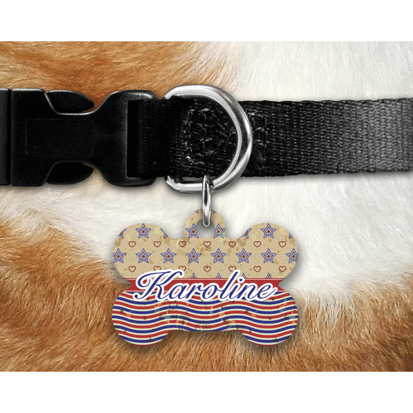 Vintage Stars & Stripes Bone Shaped Dog Tag on Collar & Dog