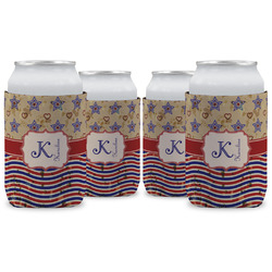 Vintage Stars & Stripes Can Cooler (12 oz) - Set of 4 w/ Name and Initial