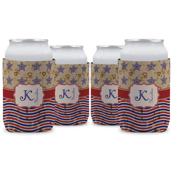 Custom Vintage Stars & Stripes Can Cooler (12 oz) - Set of 4 w/ Name and Initial