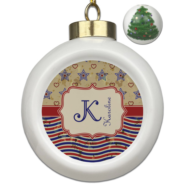Custom Vintage Stars & Stripes Ceramic Ball Ornament - Christmas Tree (Personalized)