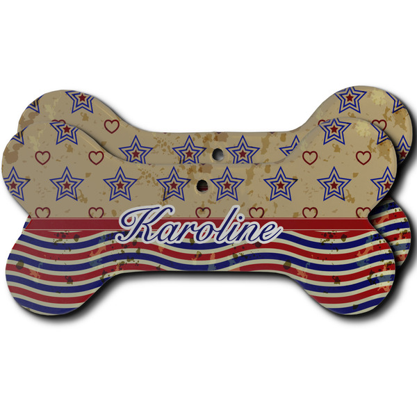 Custom Vintage Stars & Stripes Ceramic Dog Ornament - Front & Back w/ Name and Initial