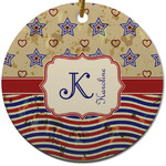 Vintage Stars & Stripes Round Ceramic Ornament w/ Name and Initial
