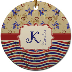 Vintage Stars & Stripes Round Ceramic Ornament w/ Name and Initial