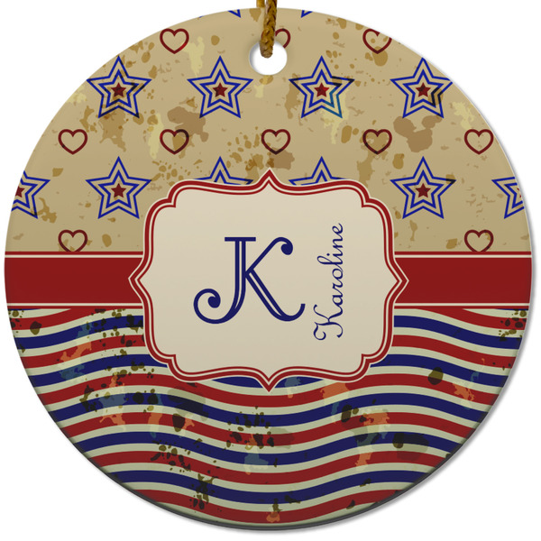 Custom Vintage Stars & Stripes Round Ceramic Ornament w/ Name and Initial