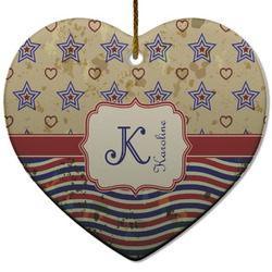 Vintage Stars & Stripes Heart Ceramic Ornament w/ Name and Initial