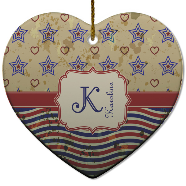 Vintage Stars & Stripes Ceramic Flat Ornament - Heart (Front)