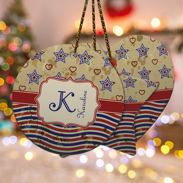 Custom Vintage Stars & Stripes Ceramic Ornament w/ Name and Initial