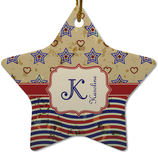 Custom Vintage Stars & Stripes Star Ceramic Ornament w/ Name and Initial