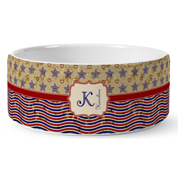 Custom Vintage Stars & Stripes Ceramic Dog Bowl - Medium (Personalized)