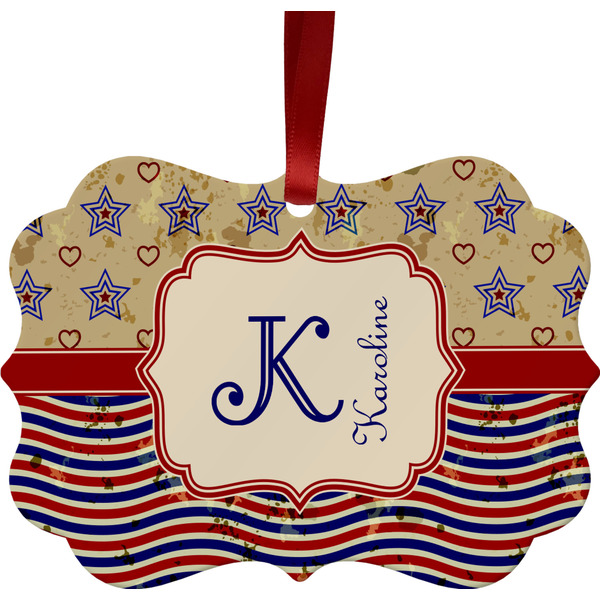 Custom Vintage Stars & Stripes Metal Frame Ornament - Double Sided w/ Name and Initial