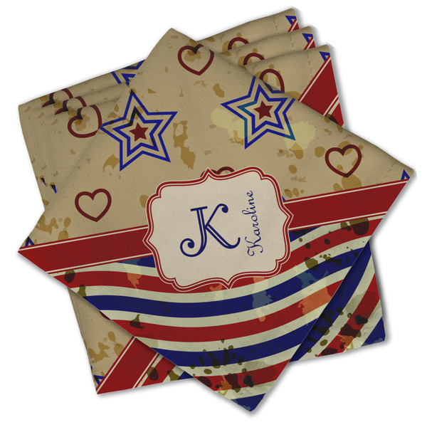 Custom Vintage Stars & Stripes Cloth Cocktail Napkins - Set of 4 w/ Name and Initial