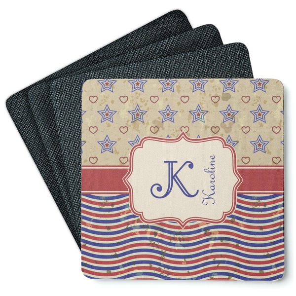Custom Vintage Stars & Stripes Square Rubber Backed Coasters - Set of 4 (Personalized)
