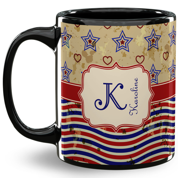 Custom Vintage Stars & Stripes 11 Oz Coffee Mug - Black (Personalized)