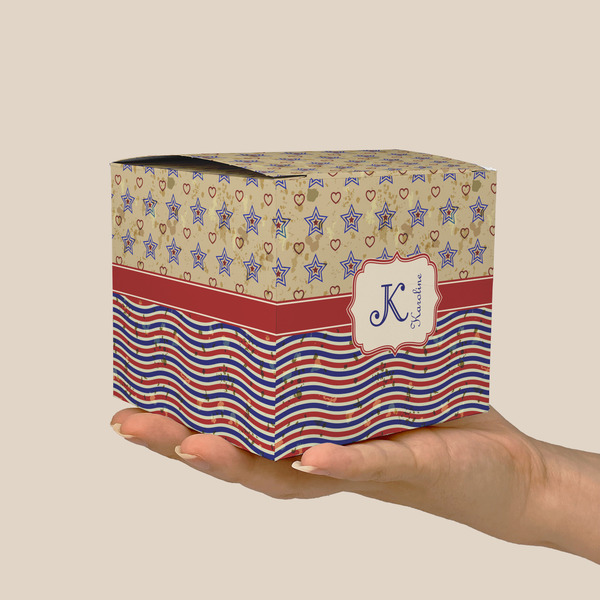Vintage Stars & Stripes Cube Favor Gift Box - On Hand - Scale View