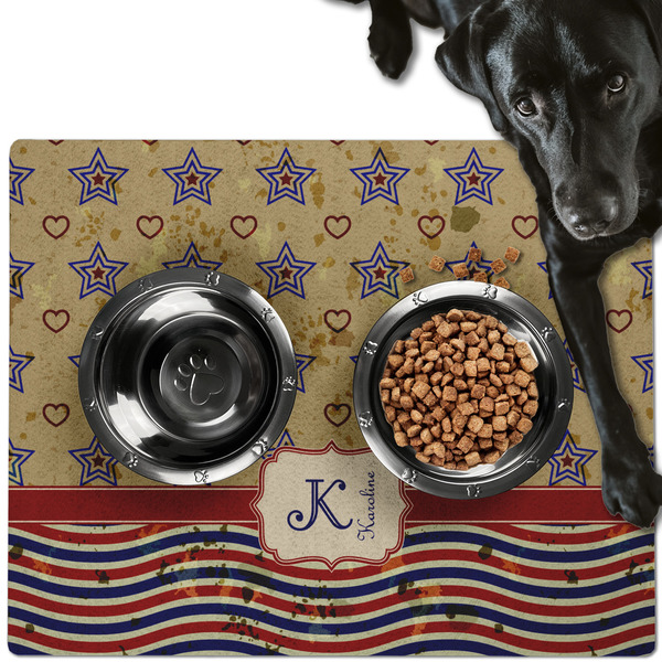 Custom Vintage Stars & Stripes Dog Food Mat - Large w/ Name and Initial
