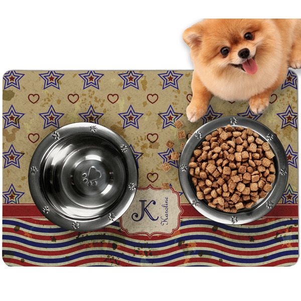 Custom Vintage Stars & Stripes Dog Food Mat - Small w/ Name and Initial
