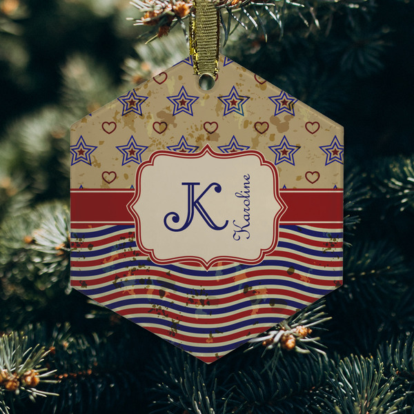 Vintage Stars & Stripes Frosted Glass Ornament - Hexagon (Lifestyle)