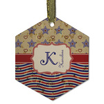 Vintage Stars & Stripes Flat Glass Ornament - Hexagon w/ Name and Initial