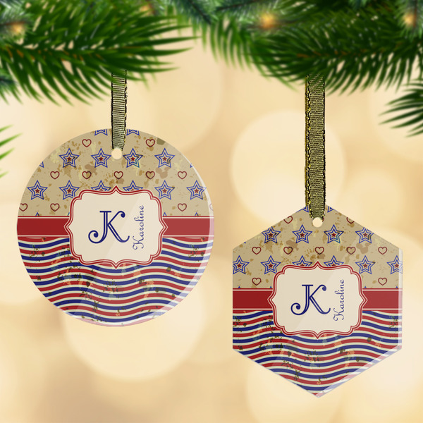 Custom Vintage Stars & Stripes Flat Glass Ornament w/ Name and Initial