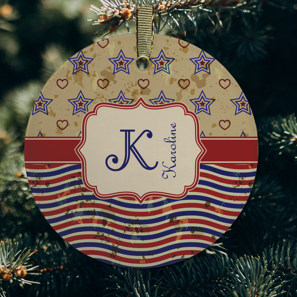 Vintage Stars & Stripes Frosted Glass Ornament - Round (Lifestyle)