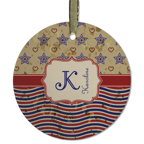 Custom Vintage Stars & Stripes Flat Glass Ornament - Round w/ Name and Initial