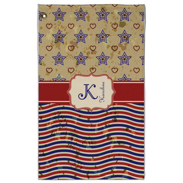 Custom Vintage Stars & Stripes Golf Towel - Poly-Cotton Blend - Large w/ Name and Initial