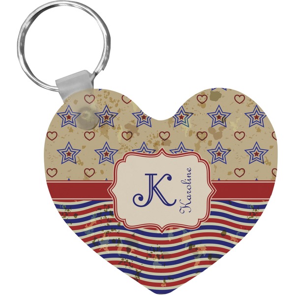 Custom Vintage Stars & Stripes Heart Plastic Keychain w/ Name and Initial