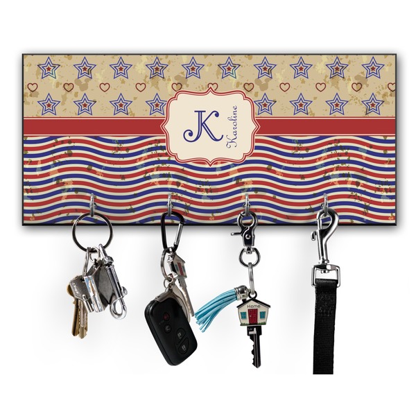 Custom Vintage Stars & Stripes Key Hanger w/ 4 Hooks w/ Name and Initial