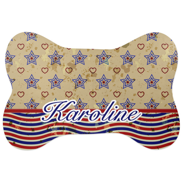Custom Vintage Stars & Stripes Bone Shaped Dog Food Mat (Personalized)