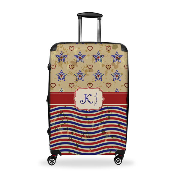 Custom Vintage Stars & Stripes Suitcase - 28" Large - Checked w/ Name and Initial