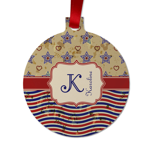 Custom Vintage Stars & Stripes Metal Ball Ornament - Double Sided w/ Name and Initial