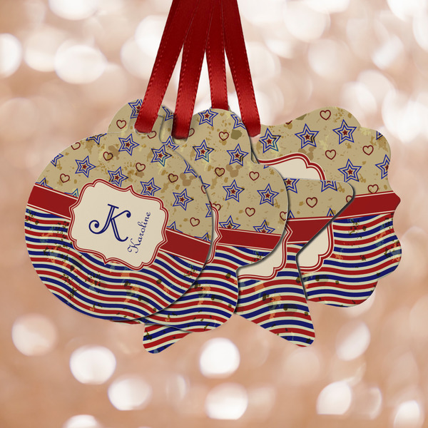Custom Vintage Stars & Stripes Metal Ornaments - Double Sided w/ Name and Initial