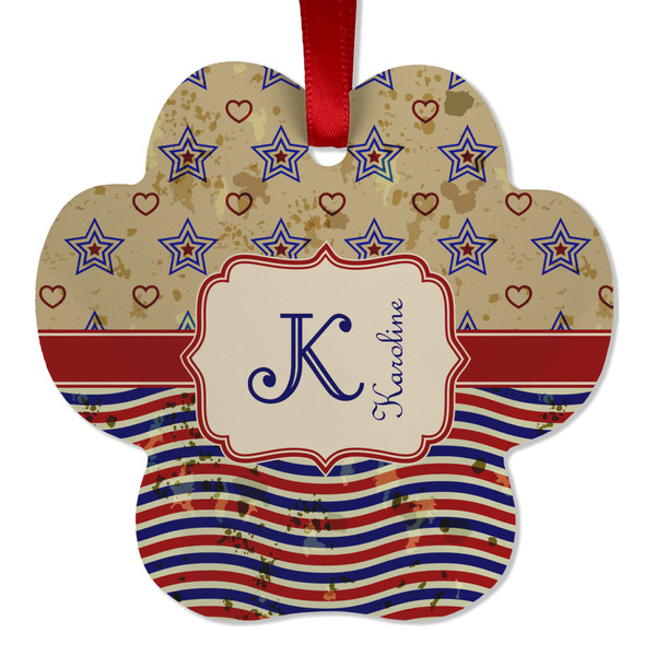 Custom Vintage Stars & Stripes Metal Paw Ornament - Double Sided w/ Name and Initial
