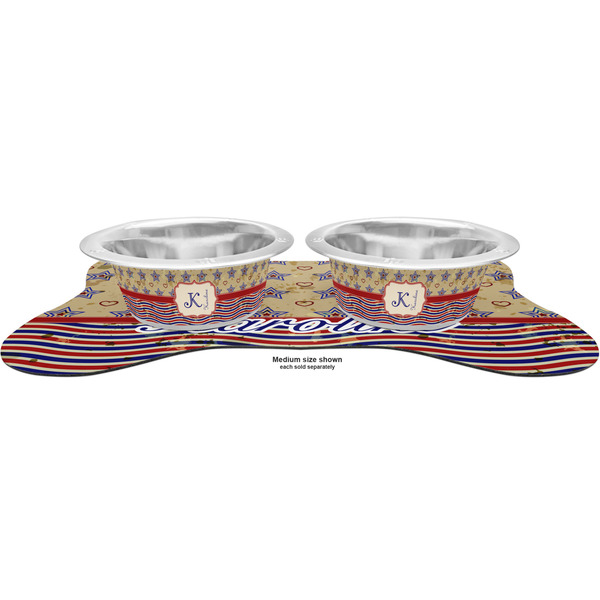 Vintage Stars & Stripes Metal Pet Bowls - On Dog Bone Shaped Mat