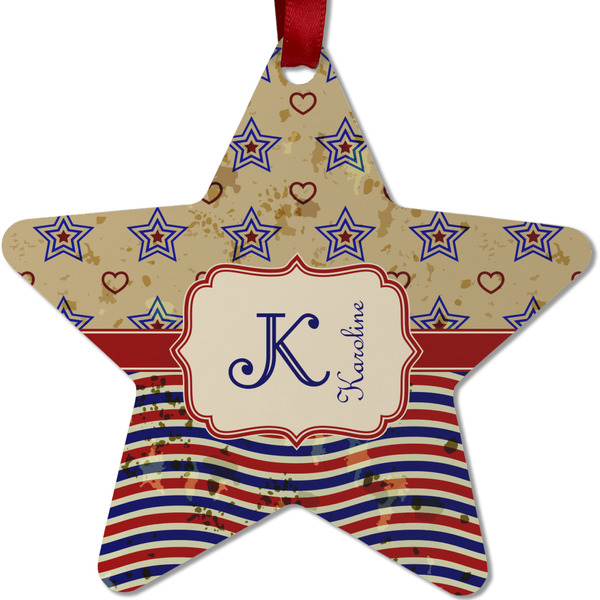 Custom Vintage Stars & Stripes Metal Star Ornament - Double Sided w/ Name and Initial