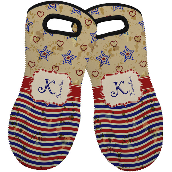 Custom Vintage Stars & Stripes Neoprene Oven Mitts - Set of 2 w/ Name and Initial
