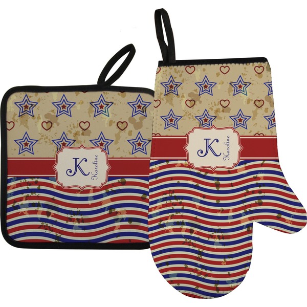 Custom Vintage Stars & Stripes Right Oven Mitt & Pot Holder Set w/ Name and Initial