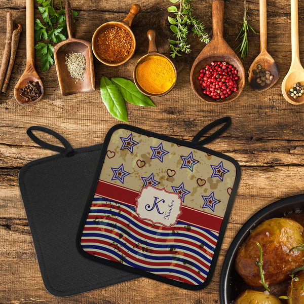 Vintage Stars & Stripes Neoprene Pot Holder - Set of 2  LIFESTYLE (Flatlay)