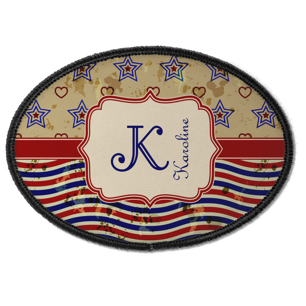 Custom Vintage Stars & Stripes Iron On Oval Patch w/ Name and Initial