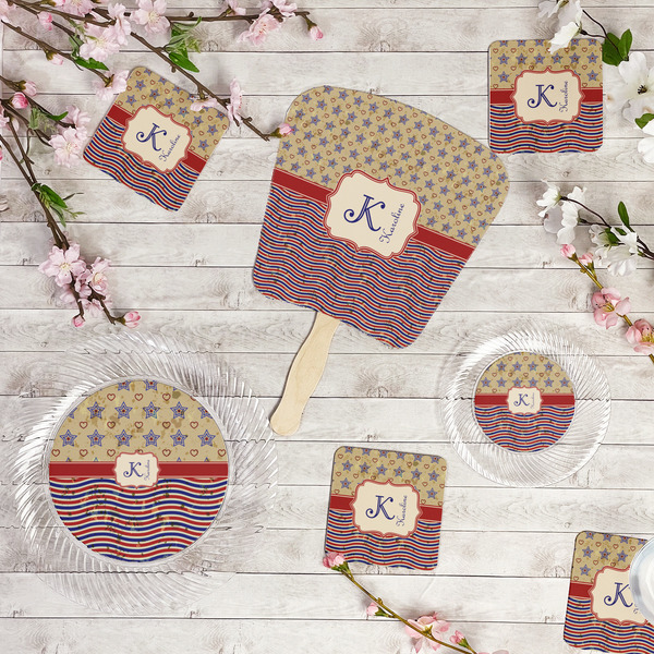 Vintage Stars & Stripes Party Supplies Combination Image - All items - Plates, Coasters, Fans