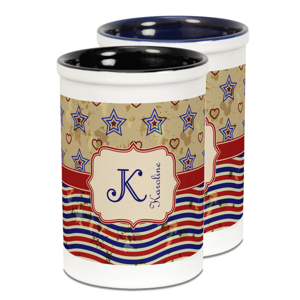 Custom Vintage Stars & Stripes Ceramic Pencil Holder - Large