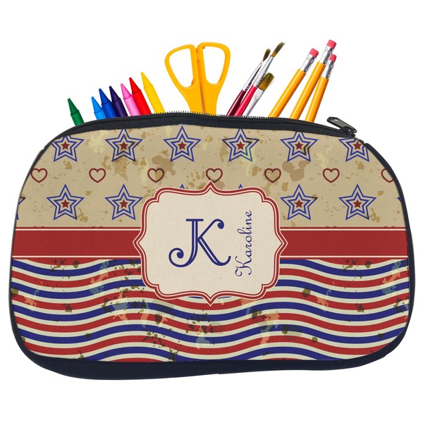 Custom Vintage Stars & Stripes Neoprene Pencil Case - Medium w/ Name and Initial