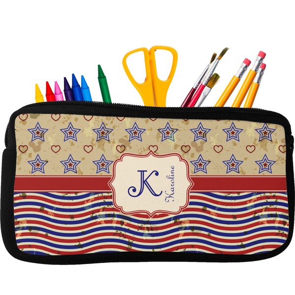 Custom Vintage Stars & Stripes Neoprene Pencil Case - Small w/ Name and Initial