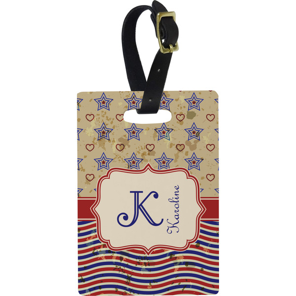 Custom Vintage Stars & Stripes Plastic Luggage Tag - Rectangular w/ Name and Initial