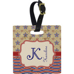 Vintage Stars & Stripes Plastic Luggage Tag - Square w/ Name and Initial