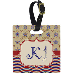 Vintage Stars & Stripes Plastic Luggage Tag - Square w/ Name and Initial