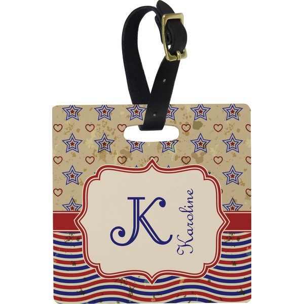 Custom Vintage Stars & Stripes Plastic Luggage Tag - Square w/ Name and Initial