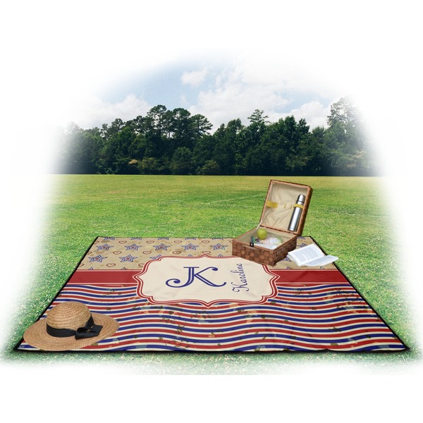Vintage Stars & Stripes Picnic Blanket - with Basket Hat and Book - in Use
