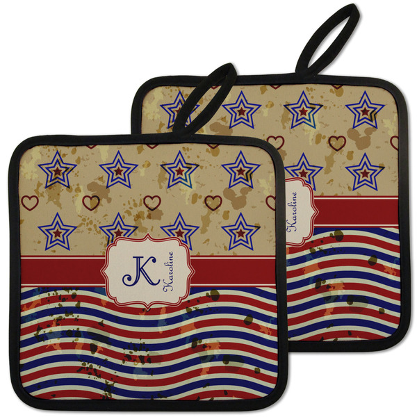 Custom Vintage Stars & Stripes Pot Holders - Set of 2 w/ Name and Initial